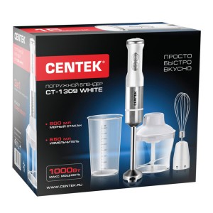 Блендер Centek CT-1309 White (белый + сталь), 1000 Вт, РЕГУЛЯТОР СКОРОСТИ, стакан, чоппер, венчик