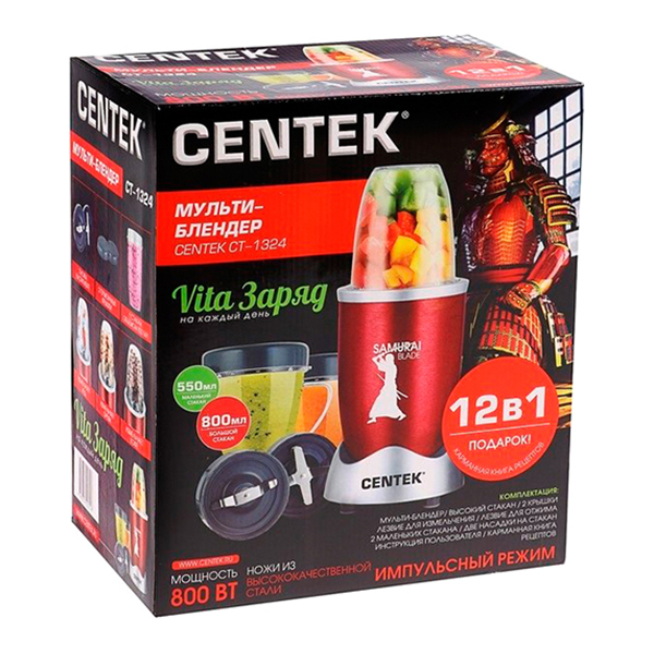 Мульти-блендер Centek CT-1324 800 Вт, 12 ПРЕДМЕТОВ, стаканы 800 и 500 мл, 2 ножа, корпус алюминий