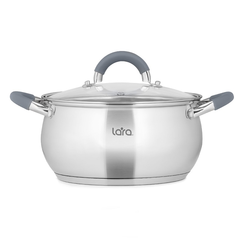 Кастрюля LARA (нерж) серия BELL 16*9,5см, 1.8л, капс. инд дно, силик. ручка, стекл. крышка LR02-480