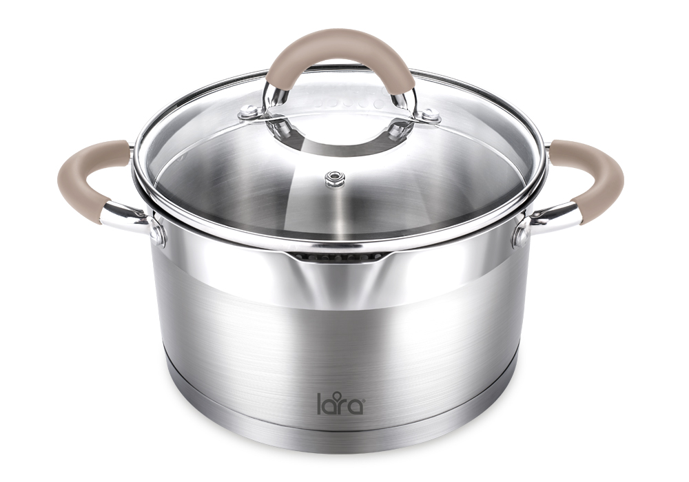 Кастрюля LARA (нерж) серия 2,4л 18*10см капс.дно, шкала, силик.накл, крыш.-дуршлаг LR02-341