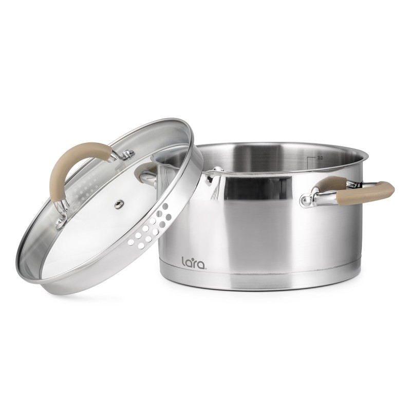 Кастрюля LARA (нерж) серия 2,4л 18*10см капс.дно, шкала, силик.накл, крыш.-дуршлаг LR02-341
