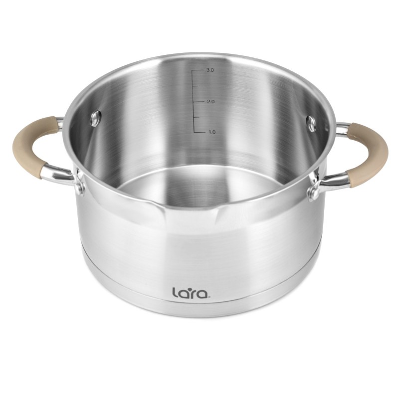 Кастрюля LARA (нерж) серия 2,4л 18*10см капс.дно, шкала, силик.накл, крыш.-дуршлаг LR02-341