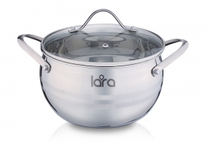 Кастрюля LARA (нерж) серия APPLE 26*14,5см,7.7л,стал.ручки,капсулир индукц дно,крышка стекло LR02-36