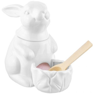 Банка для соли "Заяц" белая 16*9*14 см, 400 мл, с деревянной ложкой, высота без крышки - 8 см, высот