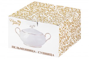 Пельменница - супница "Белая с золотом" 30*22,5*18 см 2,6 л, с крышкой и двумя ручками