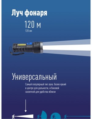 Фонарь акк. ручной LED 3Вт+СОВ 3Вт линза зум аккум. Li-ion 18650 1.2А.ч USB-шнур КОСМОС KOS115Lit