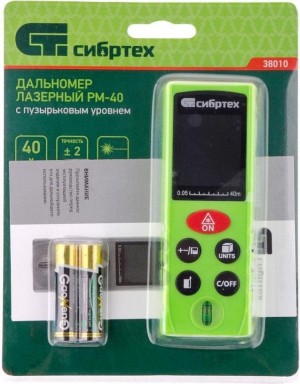Дальномер лазерный 40м, с пузырьковым уровнем Сибртех PM-40 38010