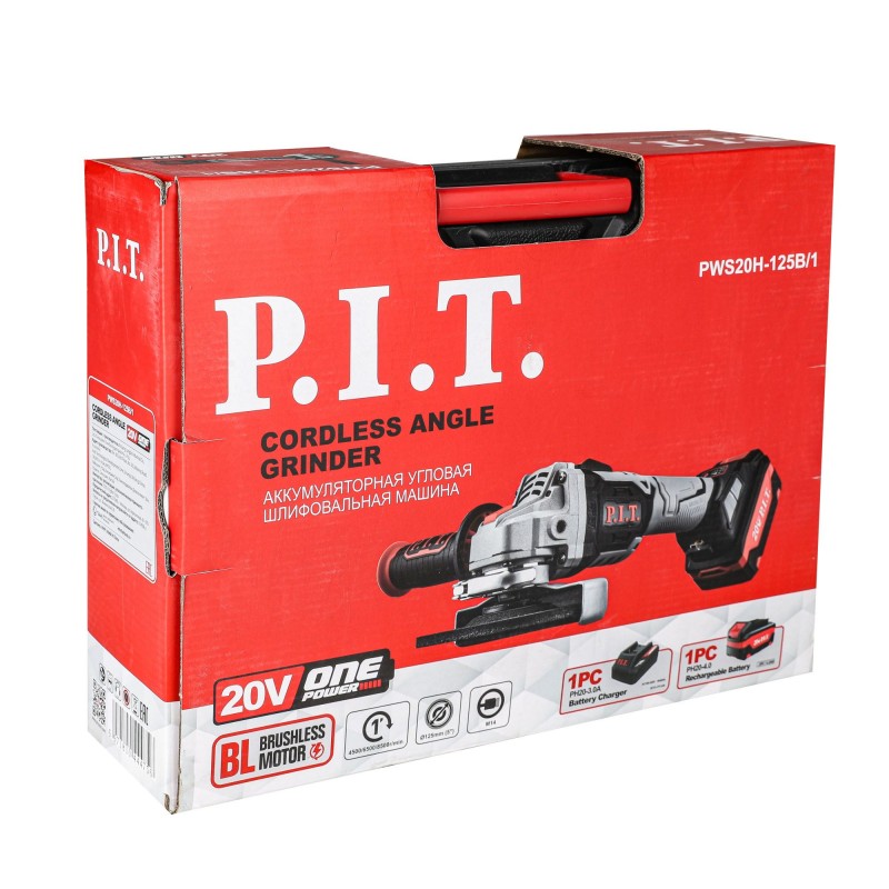 Угловая шлифовальная машина аккум. бесщет. P.I.T. PWS20H-125B/1 (20В,125мм,АКБ Li-Ion 1*4Ач,ЗУ,кейс)