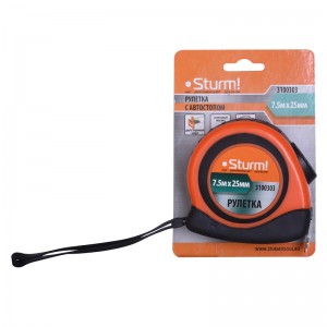 Рулетка 7,5м*25мм автостоп с 2-х стор.шкал,усил.магнит,обрезин.корп,2-ой зацеп,Sturm! 3100303