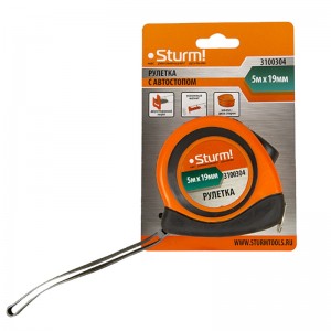 Рулетка 5м*19мм автостоп с 2-х стор.шкал,усил.магнит,обрезин.корпус,2-ой зацеп,Sturm! 3100304