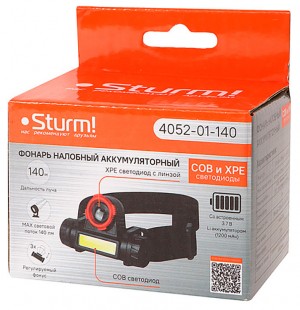 Фонарь налобный акк, СОВ и ХРЕ светодиод, функ.зум, 140лм, Sturm! 4052-01-140
