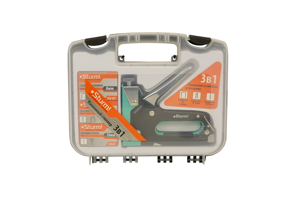 Степлер меб.в кейсе,для скоб 140(4-14мм), S(10-12мм) и гвоздей J(10-14мм), Sturm!