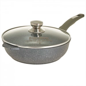 Сотейник 26 см НЕСЪЕМНАЯ ручка СТЕКЛЯННАЯ крышка АП Гранит с263701