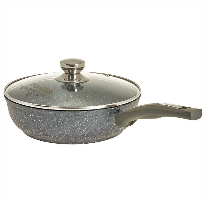 Сотейник 26 см НЕСЪЕМНАЯ ручка СТЕКЛЯННАЯ крышка АП Гранит с263701
