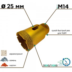 Коронка алмазная для УШМ 25мм*M14 универсальная сухой рез TORGWIN T810686