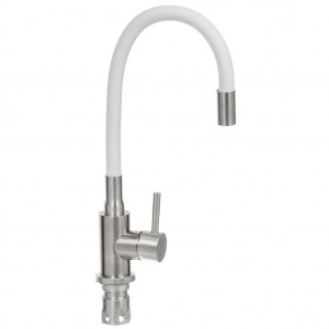 Смеситель д/кухни ДЮНА с высоким силиконовым изливом, нерж.сталь, белый Антей 511519