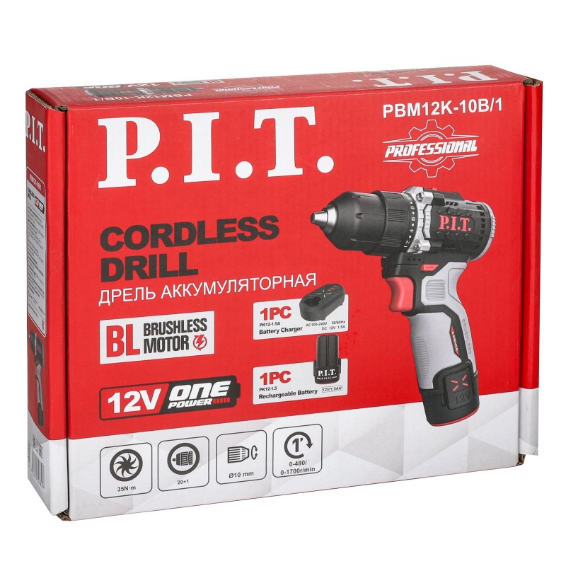 Дрель аккумуляторная P.I.T. PBM12K-10B/1 X-DRIVER (б/щ, 12В,35Нм,патр10мм,2ск,АКБ 1,5Ач,ЗУ,кор)
