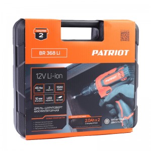 Дрель аккумуляторная PATRIOT BR368Li (12V,Li-ion 2акк*2,0Ач, 45Нм,кейс)