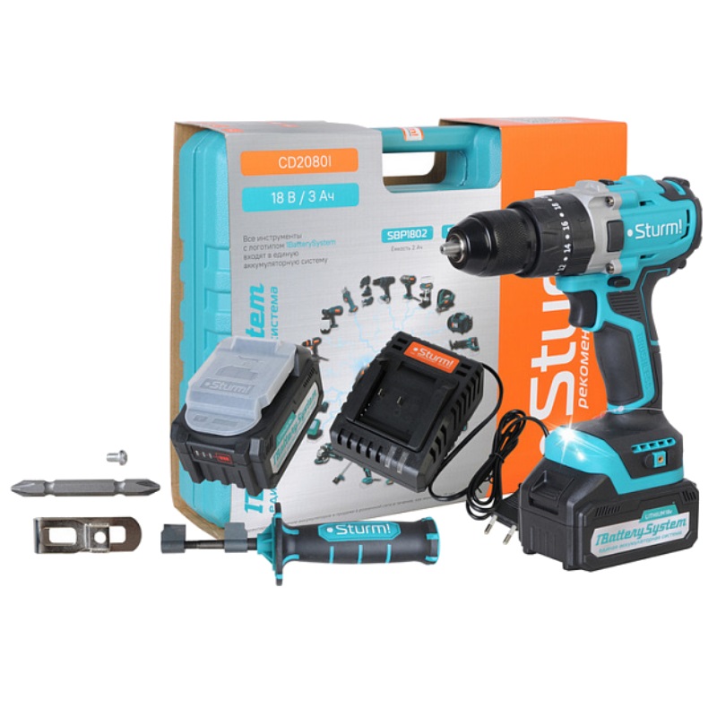 Дрель акк Sturm! CD2080I (б/щ, удар,18В,1BatterySystem,80Нм,2*3.0Ач,5в1, доп. рук, кейс)