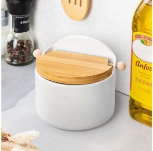 Банка для сыпучих продуктов "Белая" 500 мл, с откидной бамбуковой крышкой 240361