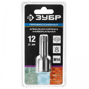 Коронка алмазная по керамограниту ЗУБР, вакуумное спекание алмазов, d=12 мм, посадка М14, Профессион