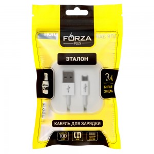 Кабель для зарядки Быстрая Эталон microUSB, 1м, 3А, QC, PD 20W, TPE, белый, кейс FORZA 443-042