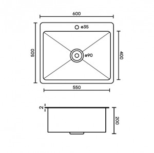 Мойка врезная 60*50см/2*0,6мм/200мм + больш.сифон с перел ГРАФИТ GFfrank 60502G
