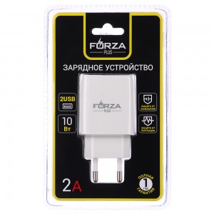Зарядное устройство Стандарт, 2xUSB, 2А, 5В, Белый FORZA 916-218