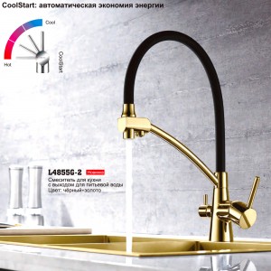 Смеситель для кухни с выходом для питьевой воды, чёрный+золото LEDEME L4855G-2