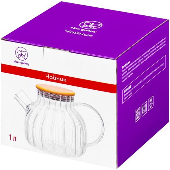 Чайник "Crystal glass" с ситом, 1 лсм с бамбуковой крышкой с мет дном 360174