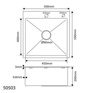Мойка врез 50*50см, ДЕКОР, глубина 200мм + сифон FABIA PROFI 50503D