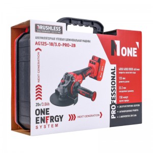 УШМ акк Number One AG125-18/3.0-PRO-2B (б/щ, 125мм,рег.обор,2акк,20V,3,0Ah,антивибр.ручка,Кейс) №1